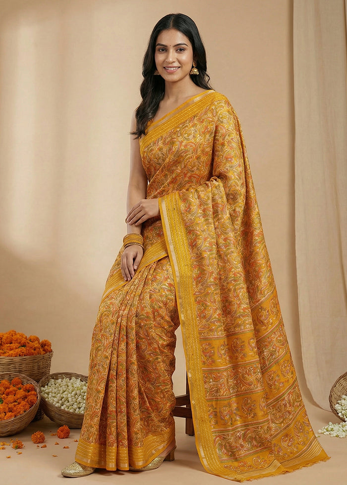 Yellow Dupion Silk Saree With Blouse Piece