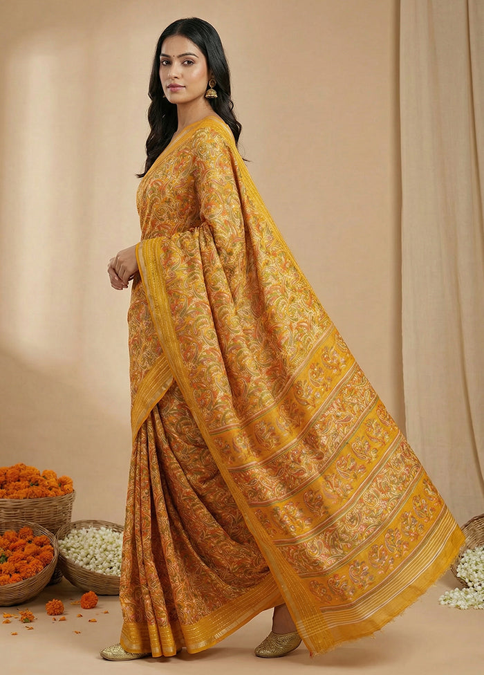 Yellow Dupion Silk Saree With Blouse Piece