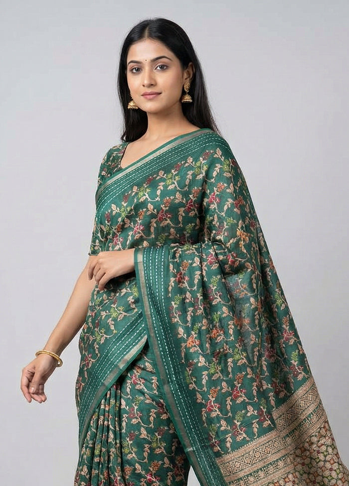 Green Dupion Silk Saree With Blouse Piece