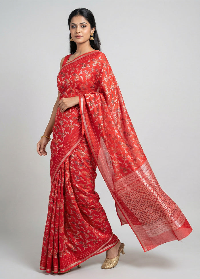 Red Dupion Silk Saree With Blouse Piece