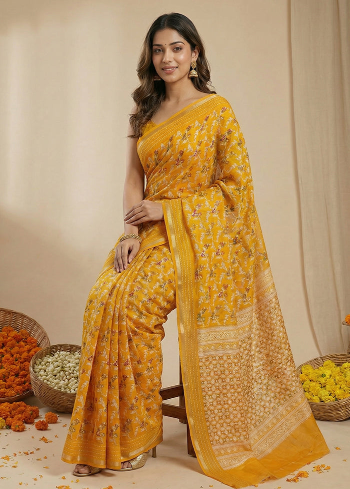 Yellow Dupion Silk Saree With Blouse Piece