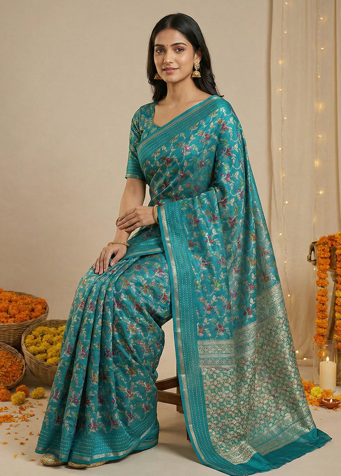 Blue Dupion Silk Saree With Blouse Piece