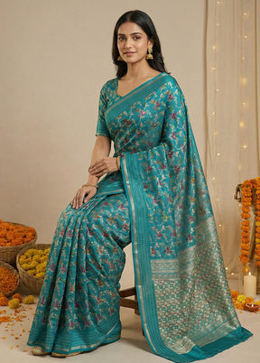 Blue Dupion Silk Saree With Blouse Piece