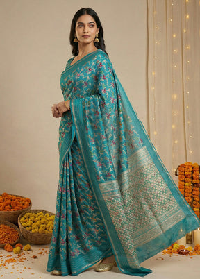 Blue Dupion Silk Saree With Blouse Piece