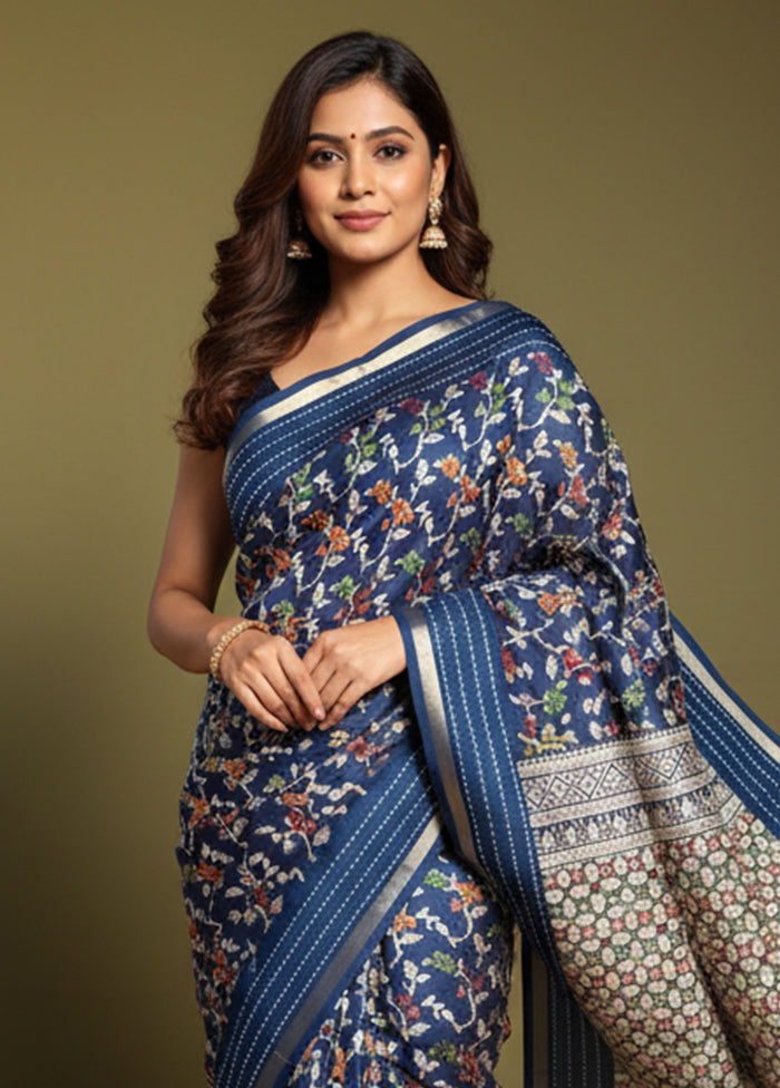 Blue Dupion Silk Saree With Blouse Piece