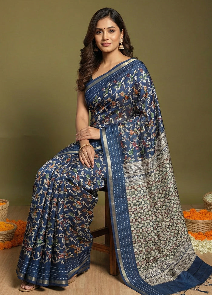 Blue Dupion Silk Saree With Blouse Piece