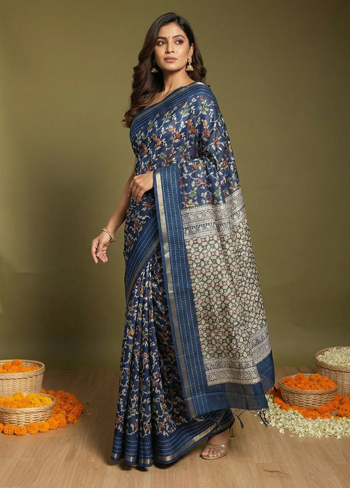Blue Dupion Silk Saree With Blouse Piece
