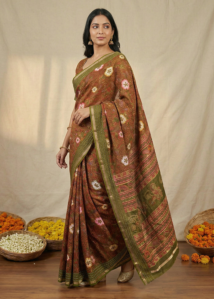 Green Dupion Silk Saree With Blouse Piece