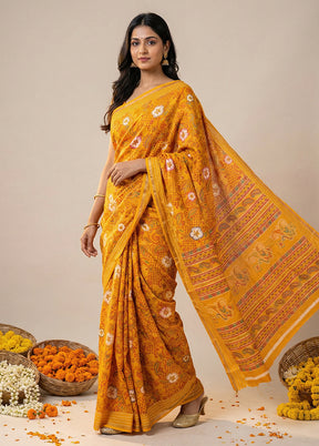 Yellow Dupion Silk Saree With Blouse Piece