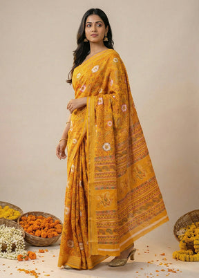 Yellow Dupion Silk Saree With Blouse Piece