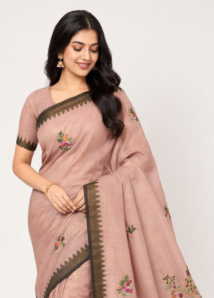 Pink Linen Silk Saree With Blouse Piece