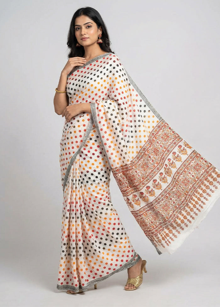 White Printed Silk Saree Without Blouse Piece