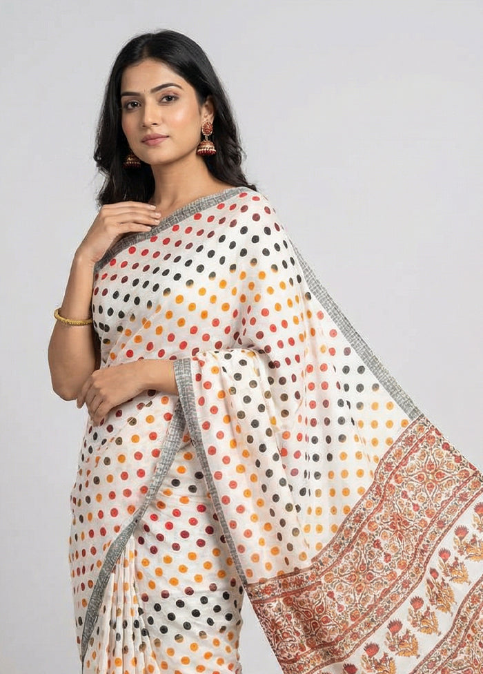White Printed Silk Saree Without Blouse Piece