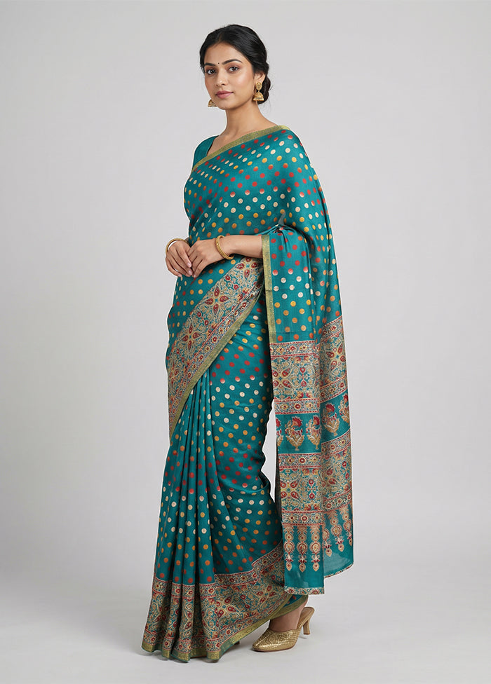 Green Printed Silk Saree Without Blouse Piece