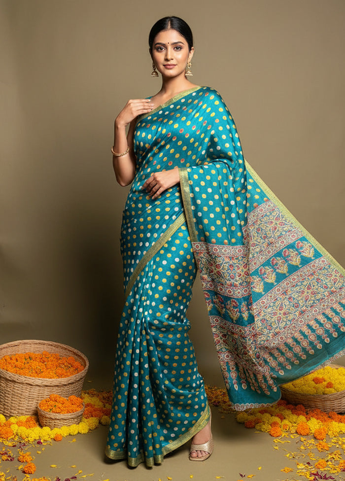 Green Printed Silk Saree Without Blouse Piece