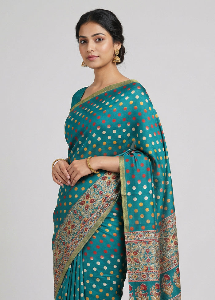 Green Printed Silk Saree Without Blouse Piece