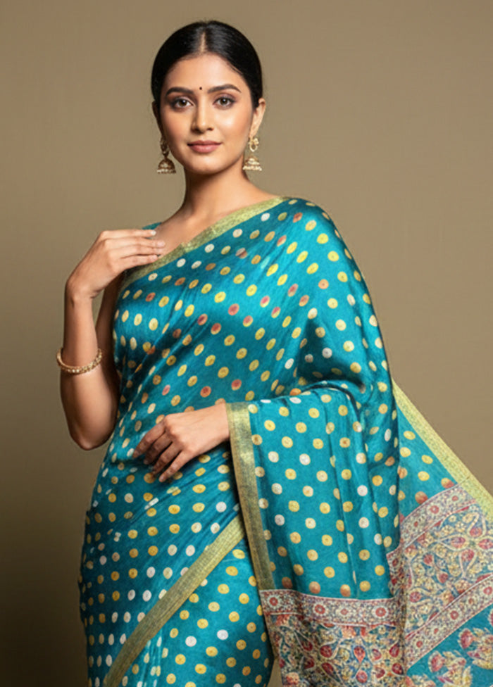 Green Printed Silk Saree Without Blouse Piece