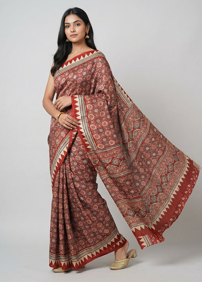 Red Printed Silk Saree Without Blouse Piece