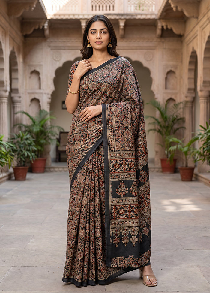 Black Printed Silk Saree Without Blouse Piece