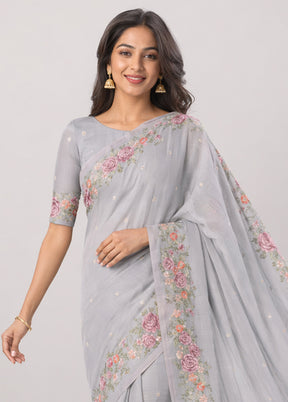 Grey Pure Cotton Saree With Blouse Piece