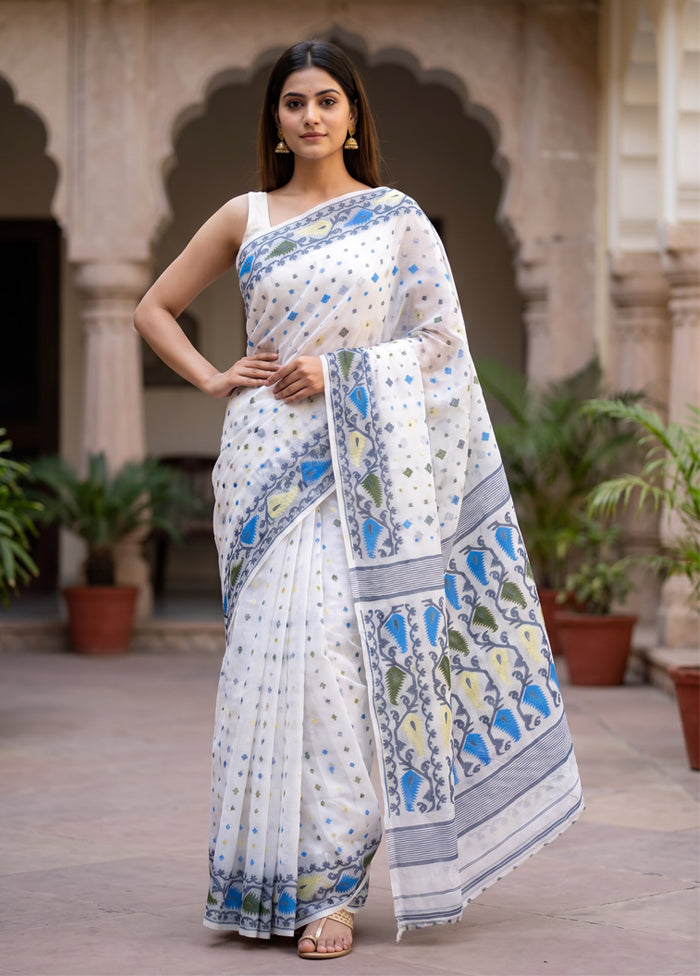 White Jamdani Cotton Saree Without Blouse Piece