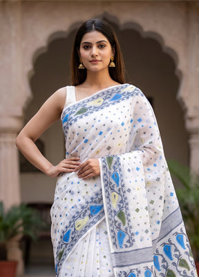 White Jamdani Cotton Saree Without Blouse Piece
