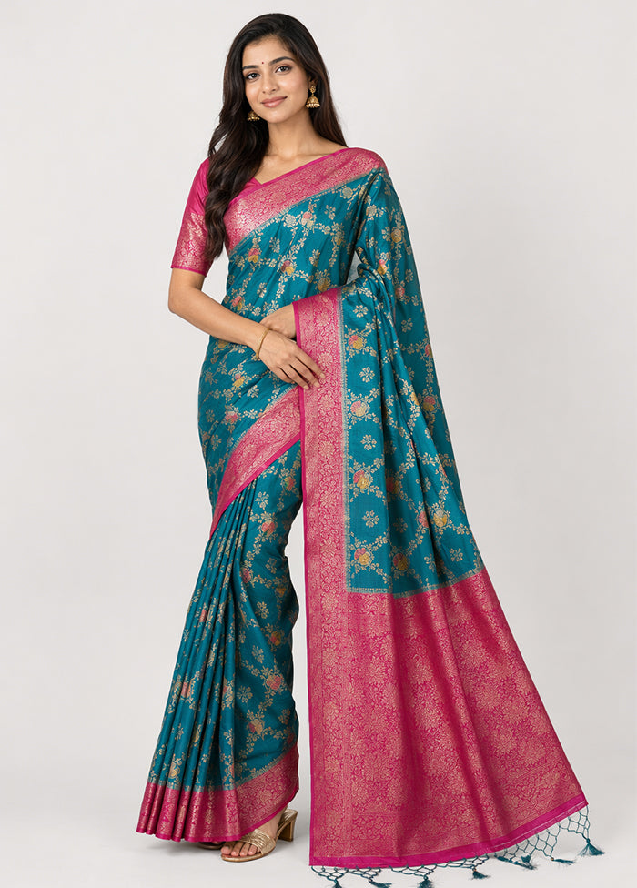 Blue Dupion Silk Saree With Blouse Piece