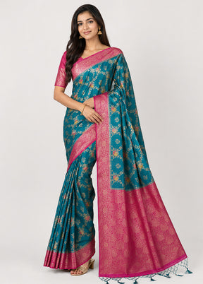 Blue Dupion Silk Saree With Blouse Piece