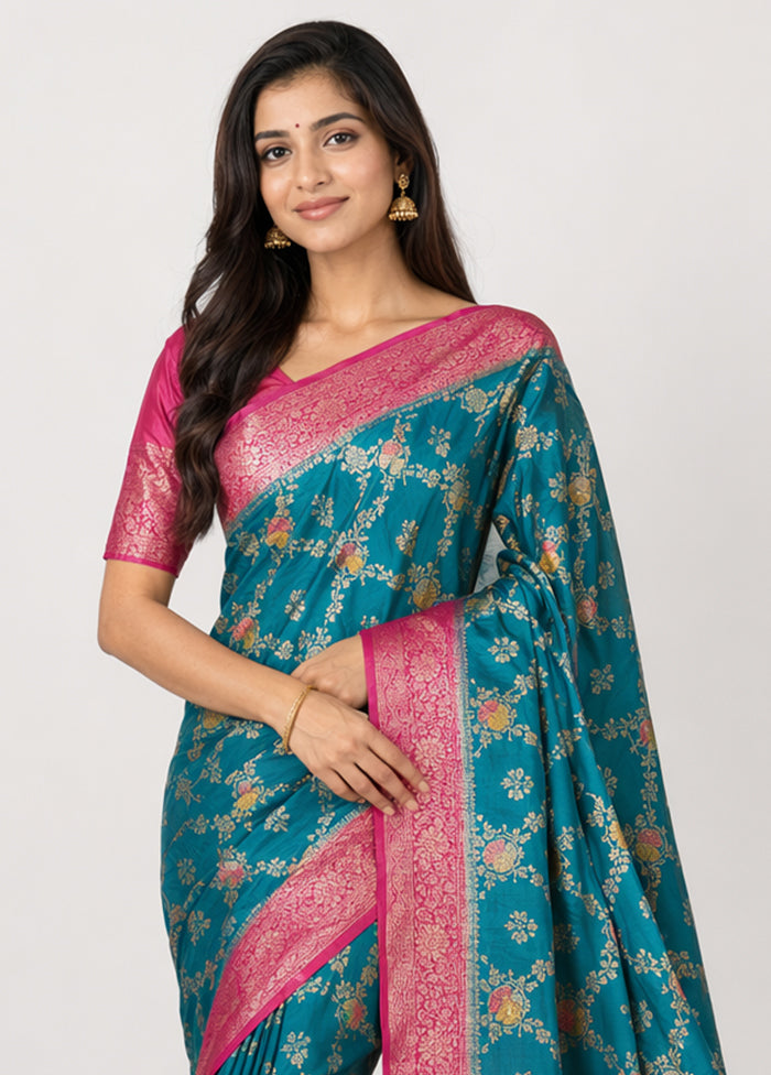Blue Dupion Silk Saree With Blouse Piece