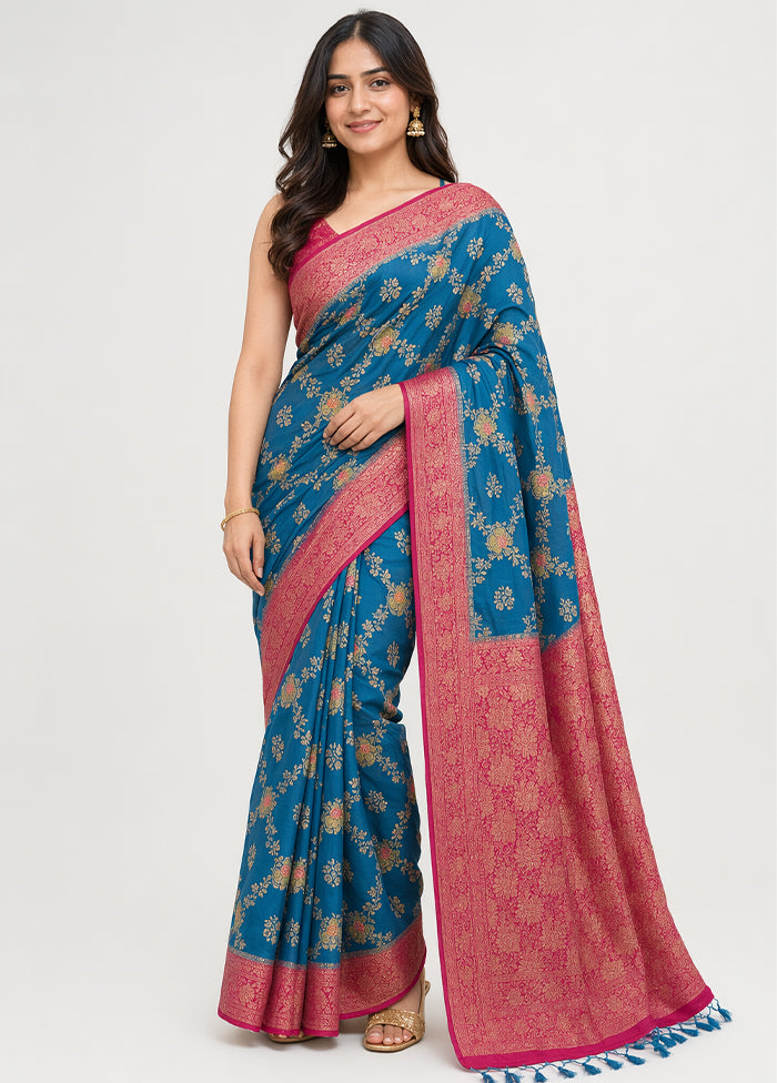 Blue Dupion Silk Saree With Blouse Piece