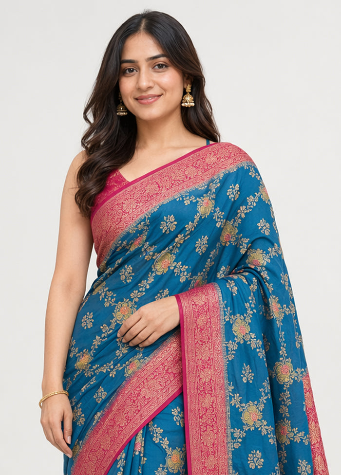 Blue Dupion Silk Saree With Blouse Piece