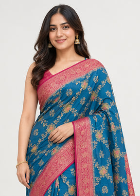 Blue Dupion Silk Saree With Blouse Piece