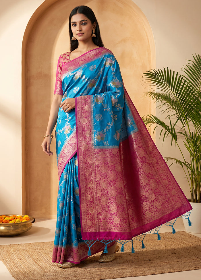 Blue Dupion Silk Saree With Blouse Piece