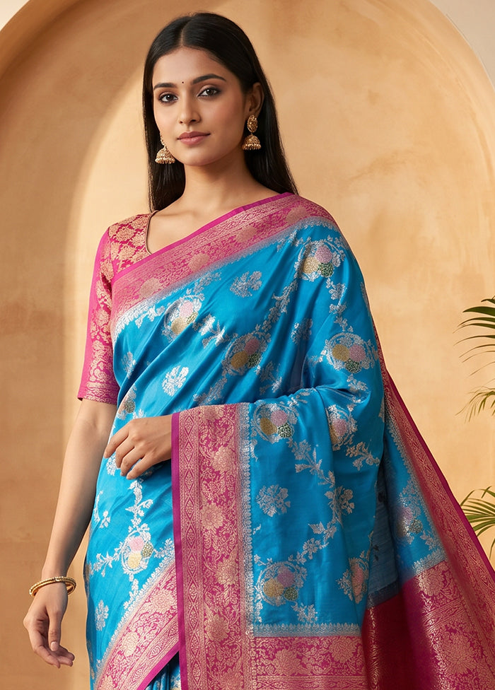 Blue Dupion Silk Saree With Blouse Piece