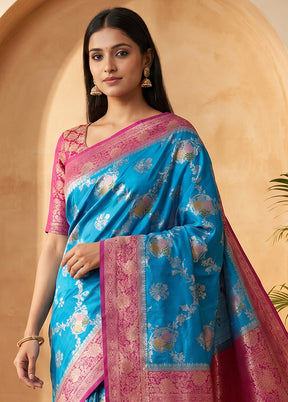 Blue Dupion Silk Saree With Blouse Piece