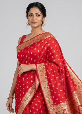Red Handloom Banarasi Pure Silk Saree With Blouse Piece