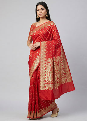 Red Handloom Banarasi Pure Silk Saree With Blouse Piece