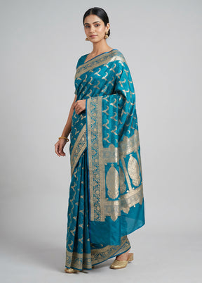 Blue Banarasi Silk Saree With Blouse Piece