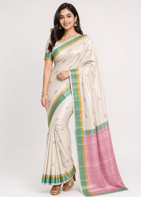 Cream Handloom Dupion Pure Silk Saree With Blouse Piece