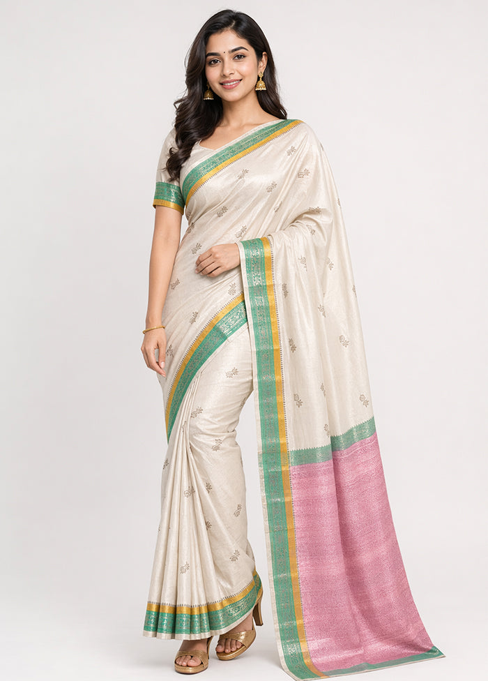 Cream Handloom Dupion Pure Silk Saree With Blouse Piece