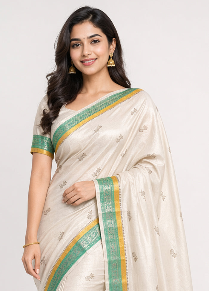 Cream Handloom Dupion Pure Silk Saree With Blouse Piece