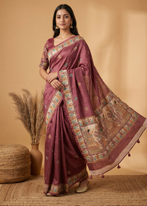 Maroon Tussar Silk Saree With Blouse Piece