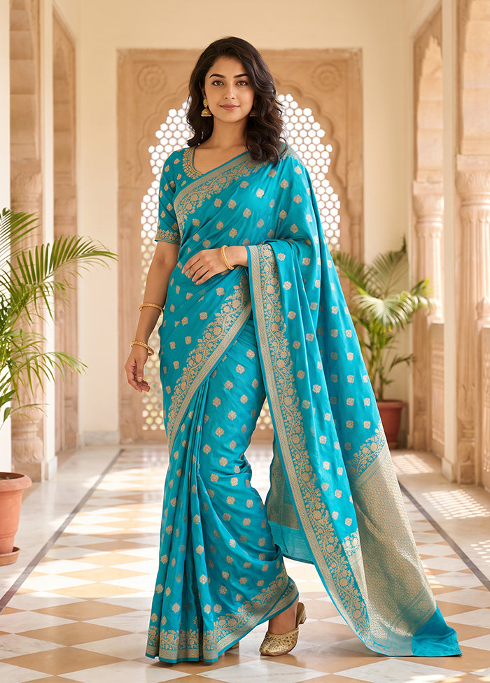 Blue Katan Silk Saree With Blouse Piece