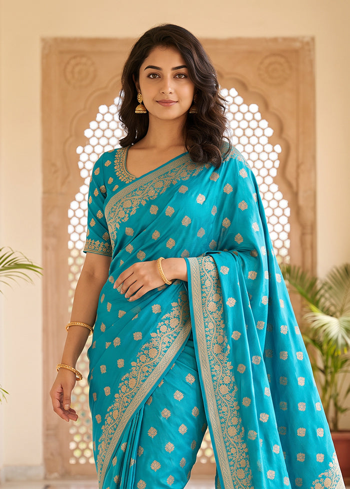 Blue Katan Silk Saree With Blouse Piece