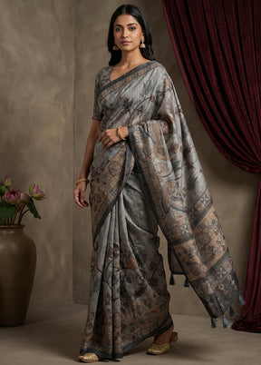 Grey Cotton Saree With Blouse Piece
