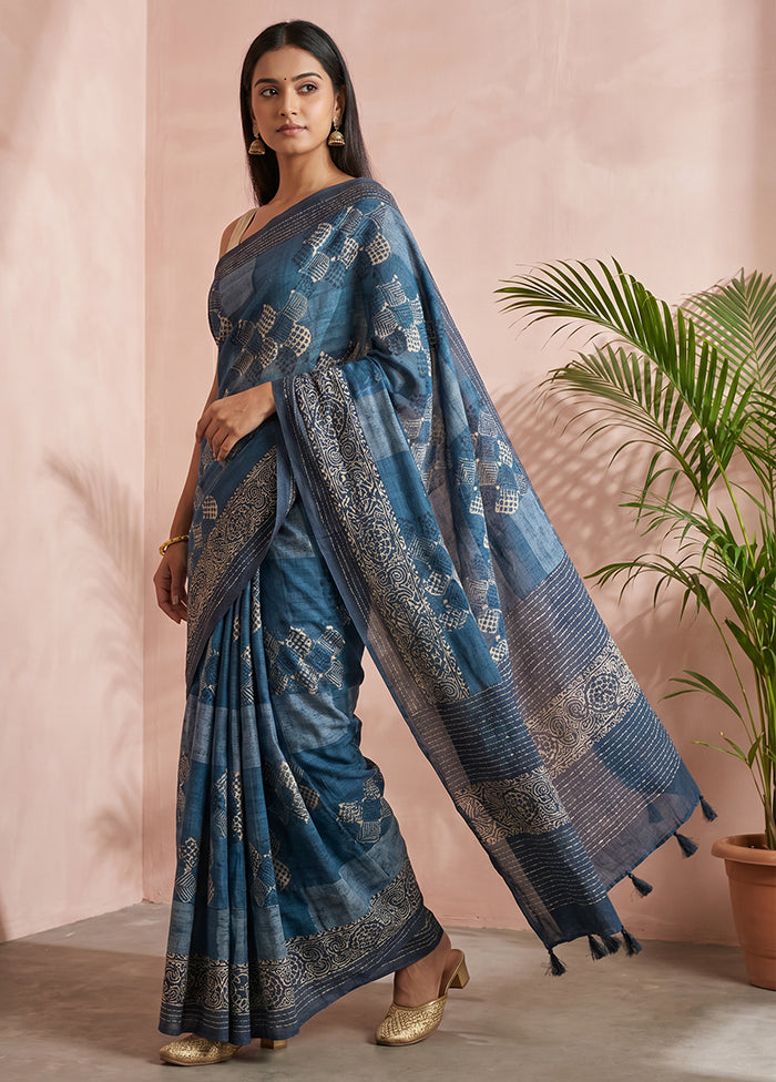 Blue Cotton Saree With Blouse Piece