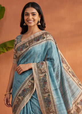Blue Cotton Saree With Blouse Piece