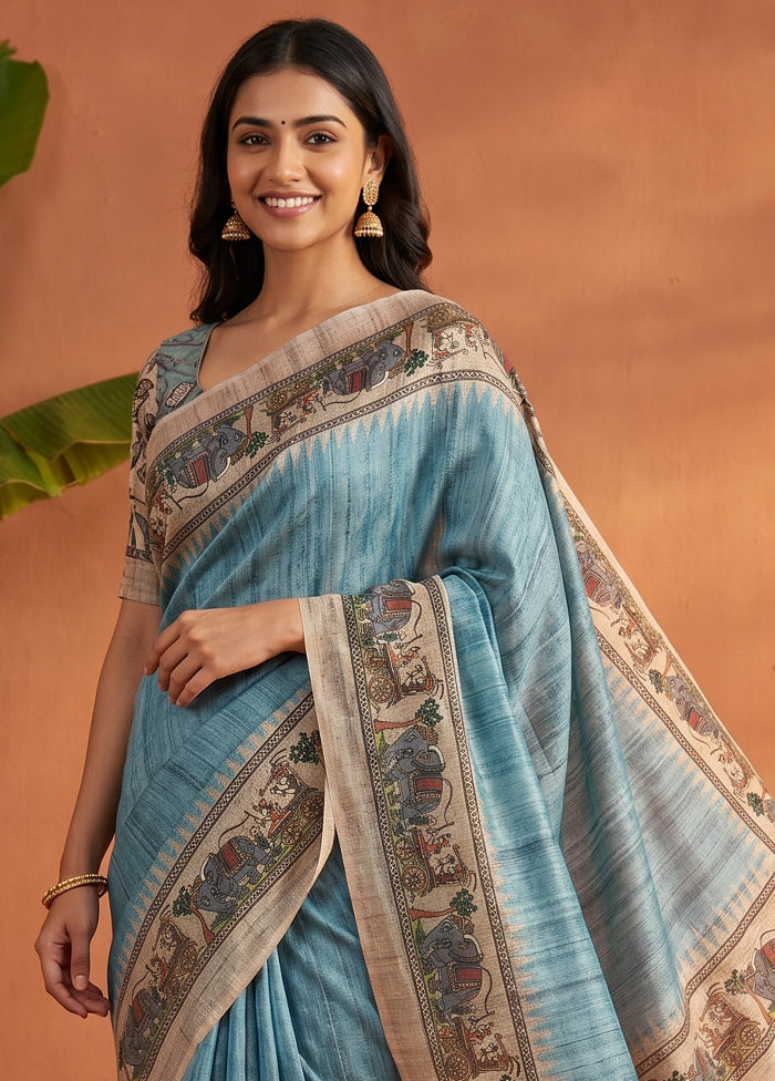 Blue Cotton Saree With Blouse Piece