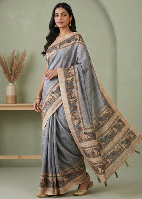 Grey Cotton Saree With Blouse Piece