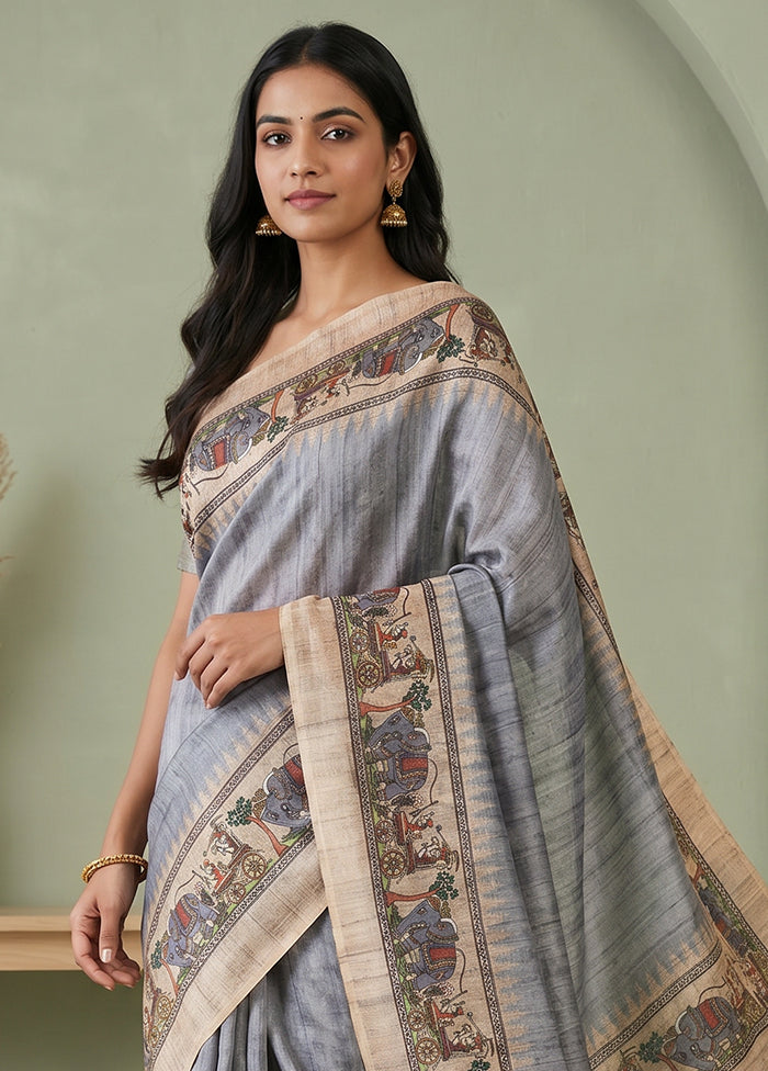 Grey Cotton Saree With Blouse Piece